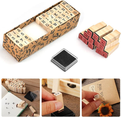 Fidtoy Wooden Number and Letter Stamp Set 40 Pieces Alphabet Rubber Stamps with Inkpad for Kids DIY Cards Scrapbooks Journals Ages 3+