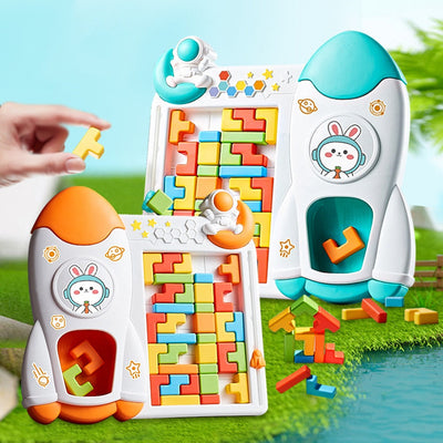 Fidtoy Space Rocket Tetris Table Block Challenge Game for Kids Ages 4-12, Plastic 3D Puzzle Board Game with Rocket Frame and Colorful Shape Blocks for Logic Play