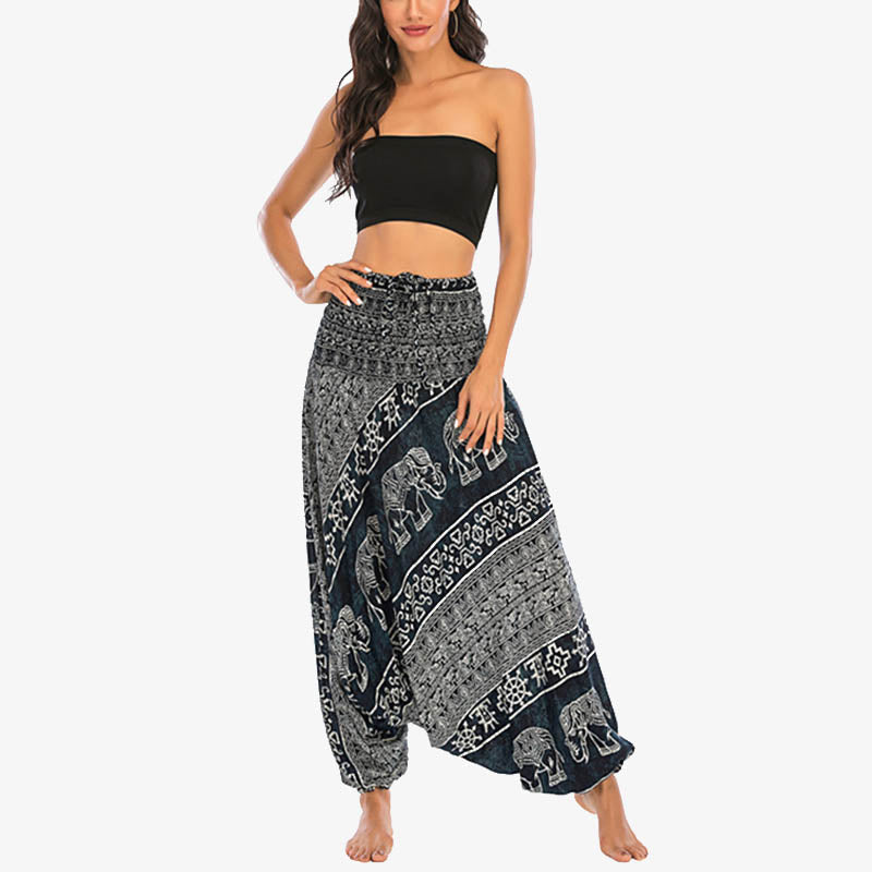 Buddha Stones Two Style Wear Elephant Pattern Loose Smocked Harem Trousers Jumpsuit Women's Yoga Pants Harem Pants&Bodysuit BS 22