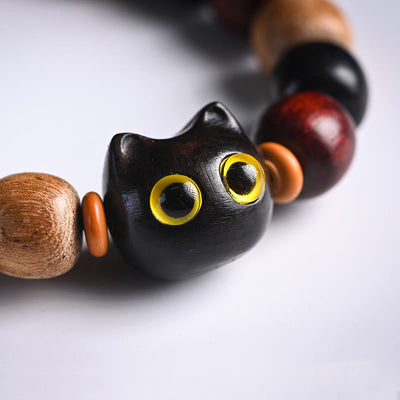 Foviel Small Leaf Red Sandalwood Ebony Wood Cute Cat Engraved Protection Bracelet