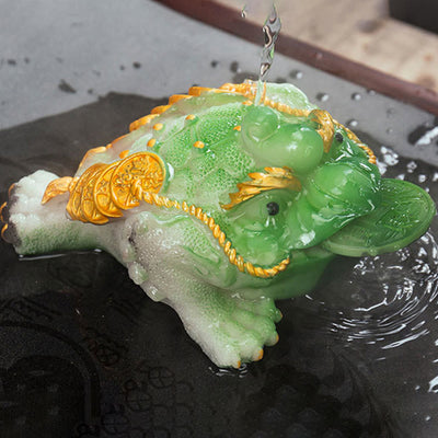 Buddha Stones Color Changing FengShui Wealth Lucky Frog Copper Coin Tea Pet Resin Figurine Decoration