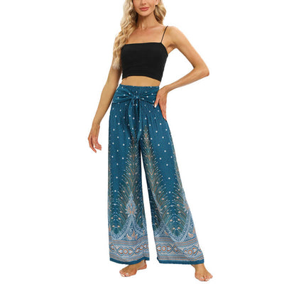 Buddha Stones Boho Peacock Feathers Lace-up Wide Leg Pants Women's Yoga Pants Women's Wide Leg Pants BS 16