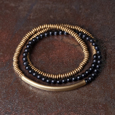 Buddha Stones Tibetan Various Agate Stone Copper Protection Triple Wrap Bracelet Bracelet BS 18cm Black Onyx