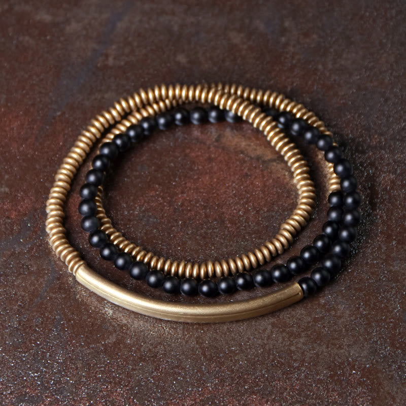 Buddha Stones Tibetan Various Agate Stone Copper Protection Triple Wrap Bracelet Bracelet BS 18cm Black Onyx
