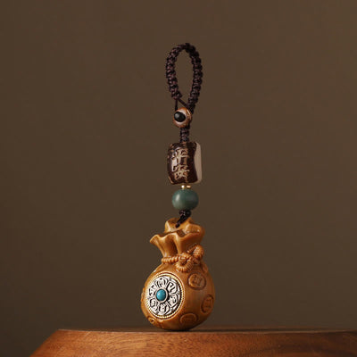 Porte-clés rotatif de protection Foviel en bois de santal rouge à petites feuilles et bois de santal vert, motif sac d'argent et Om Mani Padme Hum, décoration à suspendre pour téléphone
