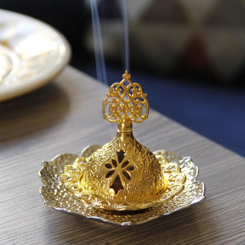 Buddha Stones Gold Leaf Coaster Spiritual Mini Alloy Metal Incense Burner Incense Burner BS 19