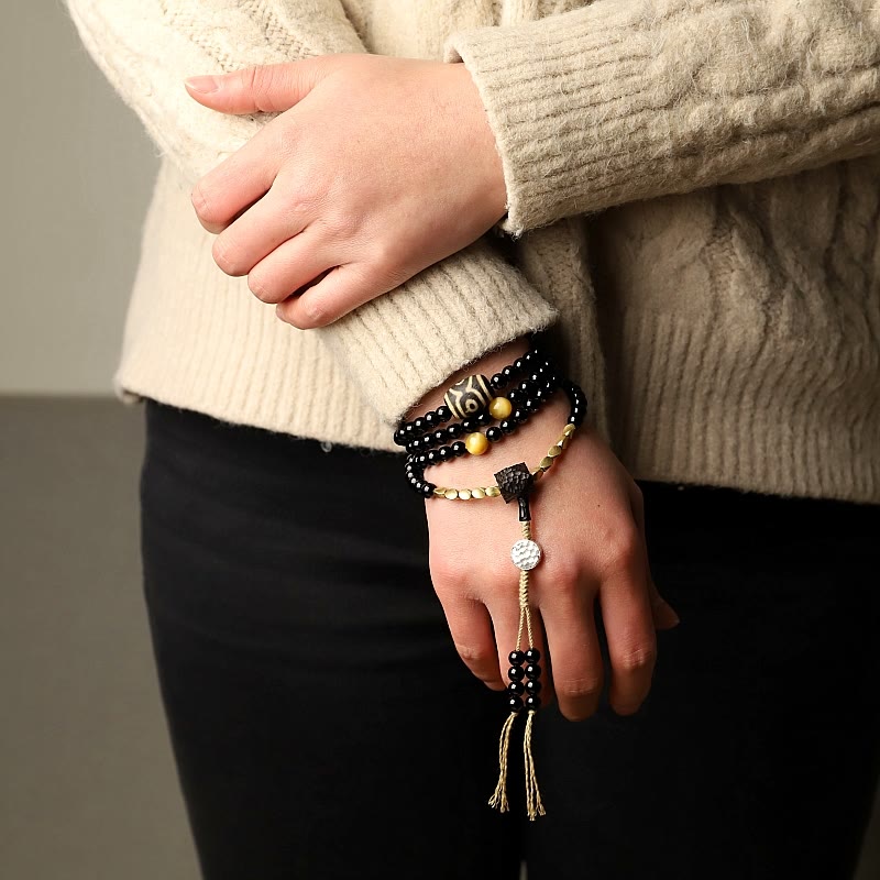 Buddha Stones Tibetan 108 Mala Beads Black Onyx Three-eyed Dzi Beads Protection Bracelet Mala Bracelet BS 13