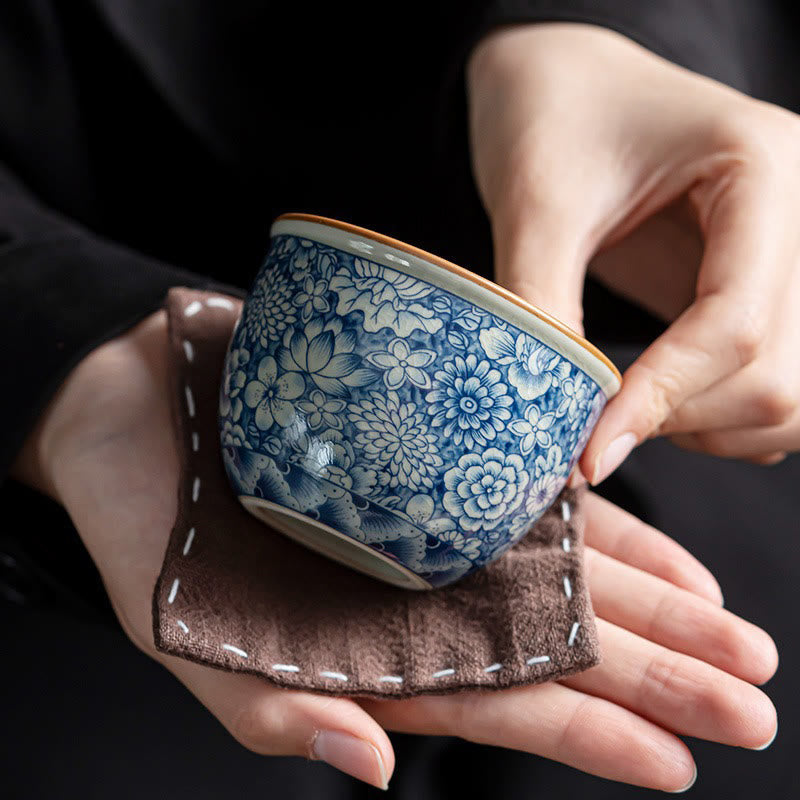 Buddha Stones Blue Lotus Peach Blossom Chrysanthemum Design Ceramic Teacup Kung Fu Tea Cups Cup BS 2