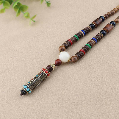 Buddha Stones Tibetan Om Mani Padme Hum Dzi Bead Wenge Wood Necklace Pendant Necklaces & Pendants BS 4