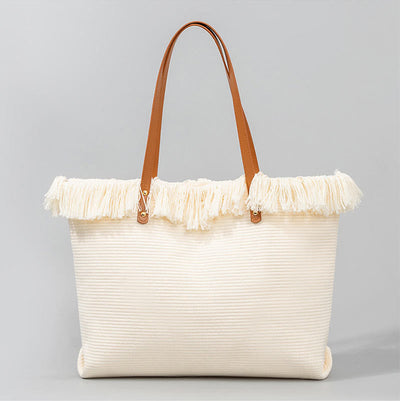 Buddha Stones Large Capacity Evil Eye Leaf Hamsa Tassel Canvas Tote Shoulder Bag Shoulder Bag BS 7