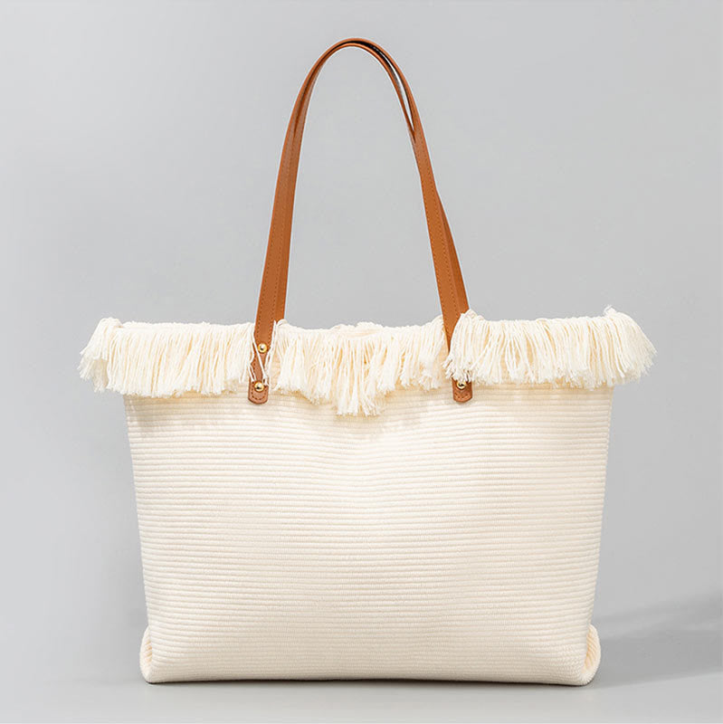 Buddha Stones Large Capacity Evil Eye Leaf Hamsa Tassel Canvas Tote Shoulder Bag Shoulder Bag BS 7