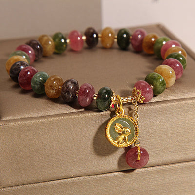 Buddha Stones Natural Colorful Tourmaline Cute Rabbit Charm Positive Bracelet Bracelet BS 5