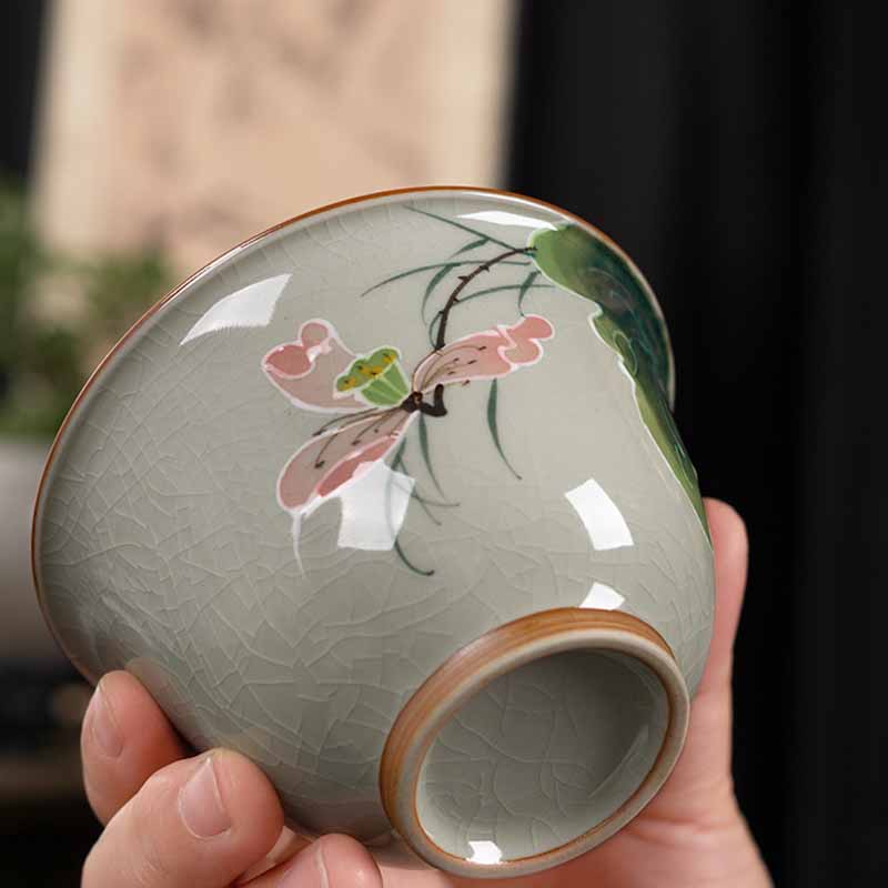 Buddha Stones Lotus Koi Fish Pod Leaf Ceramic Gaiwan Sancai Teacup Kung Fu Tea Cup And Saucer With Lid 140ml Cup BS 8