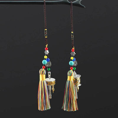Buddha Stones Tibet Om Mani Padme Hum Prayer Wheel Tassel Bag Car Hanging Decoration Car Hanging Decoration BS 3