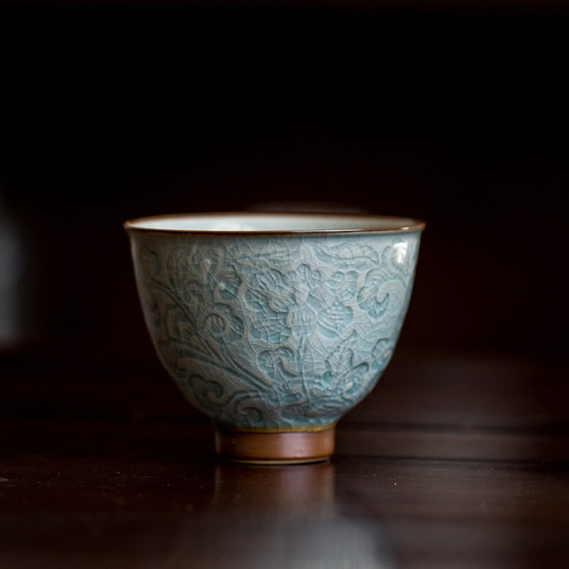 Buddha Stones Lotus Carved Ceramic Teacup Kung Fu Tea Cup Cup BS 7cm*5.5cm*95ml