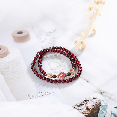 Buddha Stones 14K Gold Plated Natural Garnet Strawberry Quartz Butterfly Protection Double Wrap Bracelet Bracelet BS 9