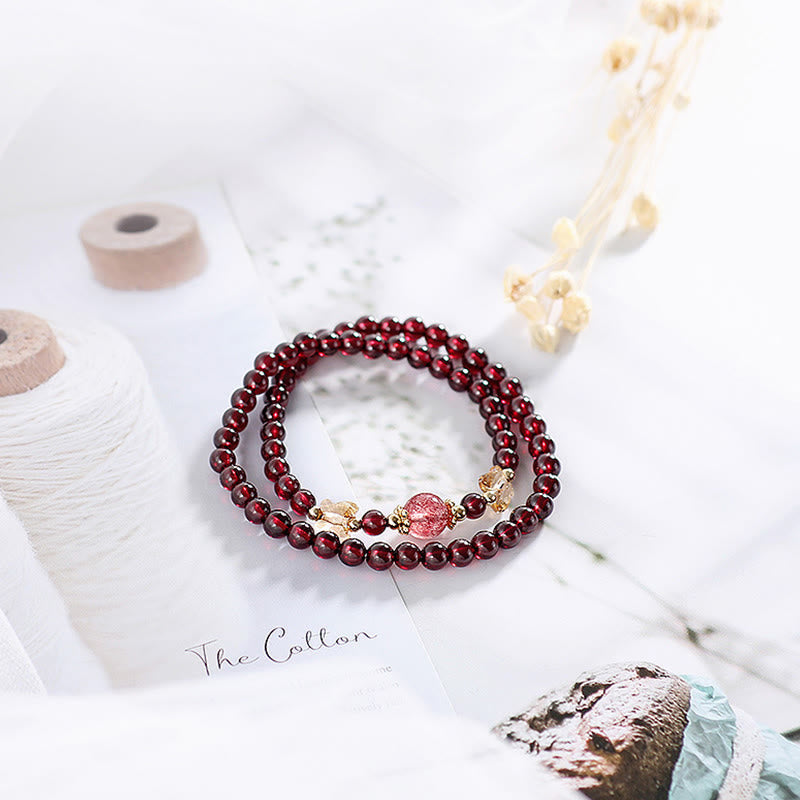 Buddha Stones 14K Gold Plated Natural Garnet Strawberry Quartz Butterfly Protection Double Wrap Bracelet Bracelet BS 9