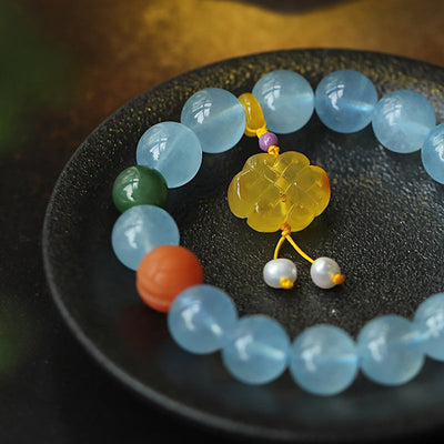 Buddha Stones Natural Aquamarine Amber Chinese Knotting Charm Peace Bracelet Bracelet BS 9