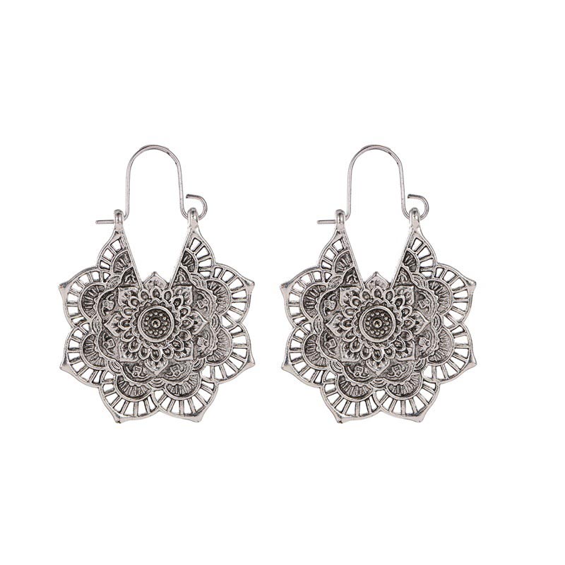 Buddha Stones Tibetan Lotus Engraving Copper Blessing Drop Earrings Earrings BS Silver