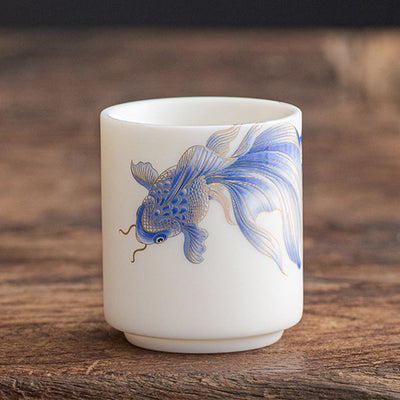 Buddha Stones Koi Fish White Porcelain Ceramic Teacup Kung Fu Tea Cup Cup BS Blue Koi Fish 5.3cm*6cm*80ml