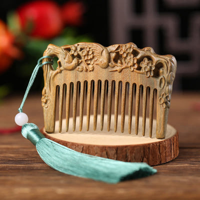 Buddha Stones Green Sandalwood Fox Peony Flower Lotus Engraved Cure Tassel Comb Comb BS Two Birds Green Sandalwood