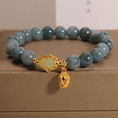 Buddha Stones Natural Jade Gourd Tulip Charm Luck Bracelet Bracelet BS Jade(Prosperity♥Abundance)(Wrist Circumference 14-16cm)
