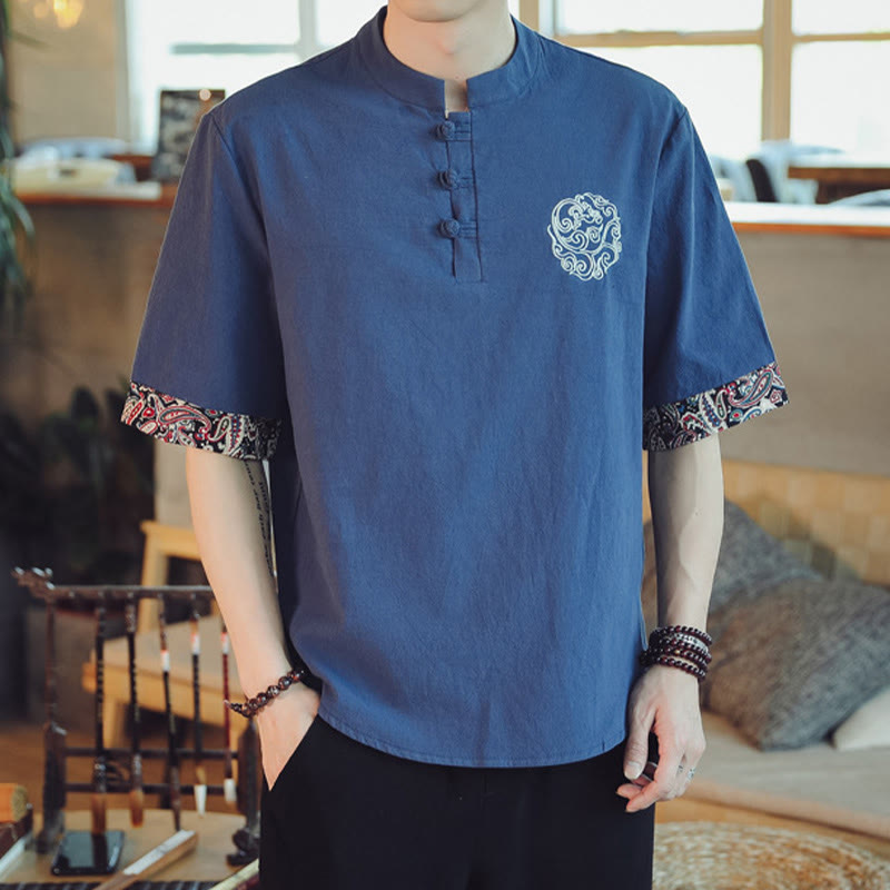 Buddha Stones Frog-Button Dragon Embroidery Chinese Tang Suit Short Sleeve Shirt Linen Men Clothing Men's Shirts BS 34
