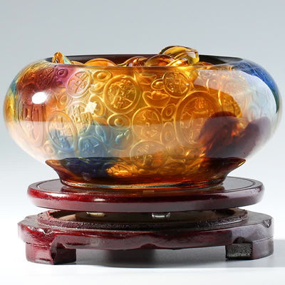 Buddha Stones Handmade Liuli Crystal Treasure Bowl Ingots Art Piece Home Decoration Decorations BS 9
