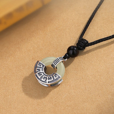 Foviel 925 Sterling Silver Natural Hetian Jade Peace Buckle Prosperity Necklace Pendant