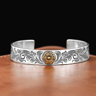 Buddha Stones Tang Dynasty Flower Design Rose Flower Feather Carved Copper Luck Bracelet Bangle Bracelet Bangle BS 2