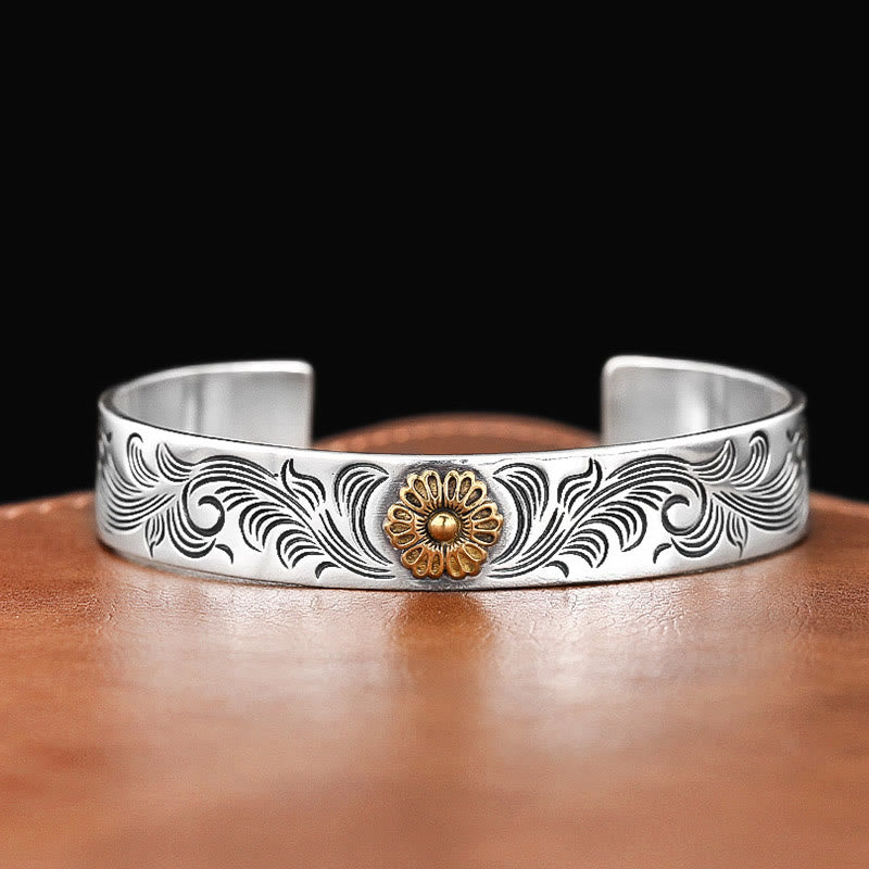 Buddha Stones Tang Dynasty Flower Design Rose Flower Feather Carved Copper Luck Bracelet Bangle Bracelet Bangle BS 2