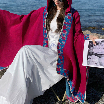 Buddha Stones Tibetan Shawl Border Small Floral Flower Hooded Cloak Winter Cozy Travel Scarf Wrap Tibetan Shawl BS 25