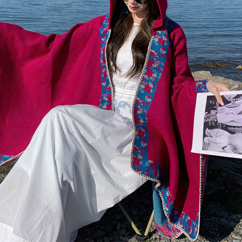 Buddha Stones Tibetan Shawl Border Small Floral Flower Hooded Cloak Winter Cozy Travel Scarf Wrap Tibetan Shawl BS 25