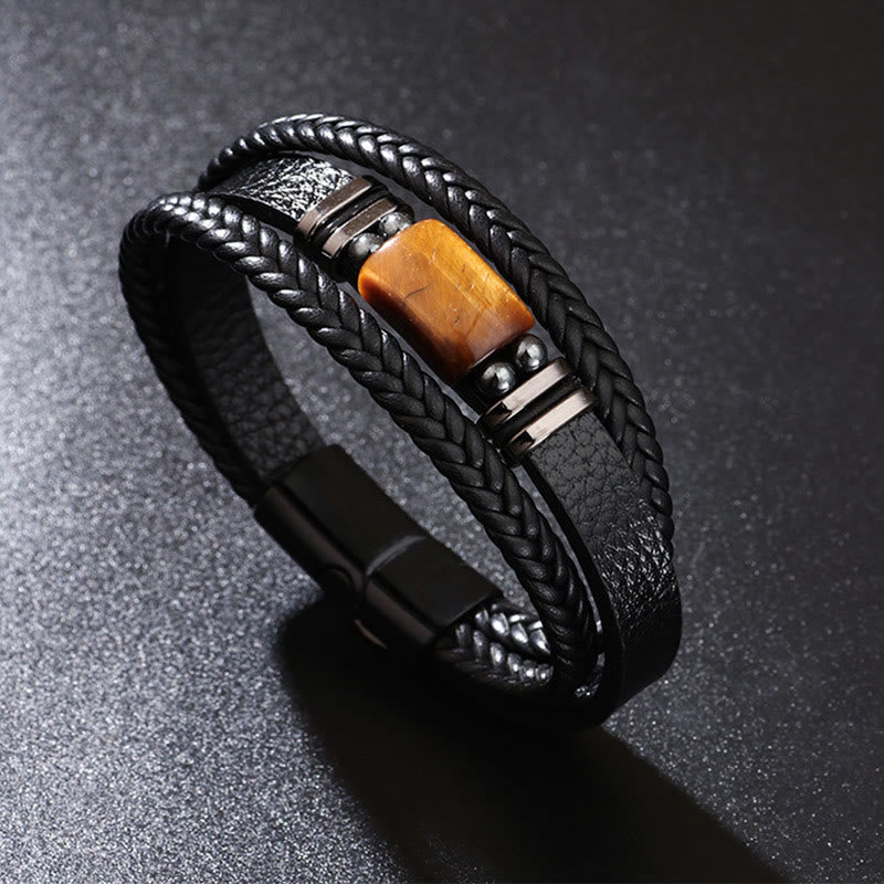 Buddha Stones Tiger Eye Power Magnetic Buckle Multilayered Leather Bracelet Bracelet BS 2