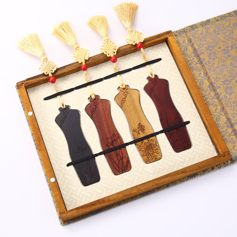 Buddha Stones 4Pcs Four Seasons Plum Orchid Bamboo Chrysanthemum Peking Opera Mask Wood Bookmarks With Gift Box Bookmarks BS 4Pcs Chinese Cheongsam