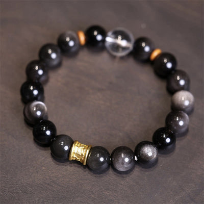 Buddha Stones Natural Silver Sheen Obsidian Crystal Om Mani Padme Hum Bead Protection Bracelet Bracelet BS Silver Sheen Obsidian White Crystal