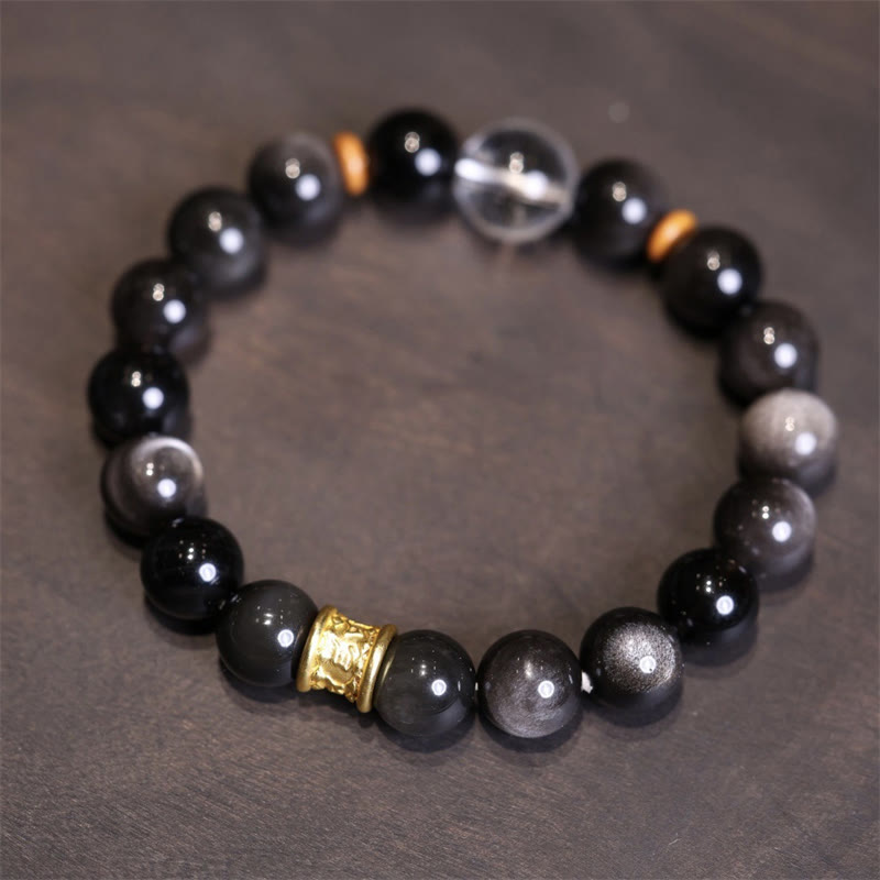 Buddha Stones Natural Silver Sheen Obsidian Crystal Om Mani Padme Hum Bead Protection Bracelet Bracelet BS Silver Sheen Obsidian White Crystal