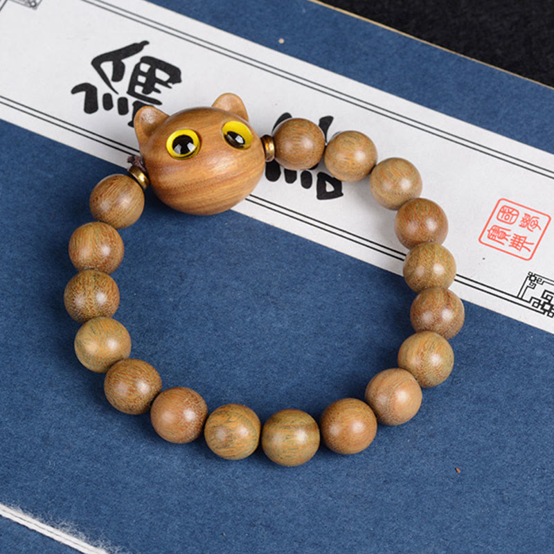 Buddha Stones Ebony Wood Green Sandalwood Red Sandalwood Lovely Cat Balance Bracelet Bracelet BS Green Sandalwood Cat 10mm*15 Beads(Wrist Circumference 14-16cm)