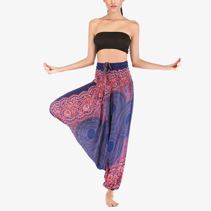 Buddha Stones Two Style Wear Round Geometric Pattern Loose Smocked Harem Trousers Jumpsuit High Waist Women's Yoga Pants Harem Pants&Bodysuit BS 11