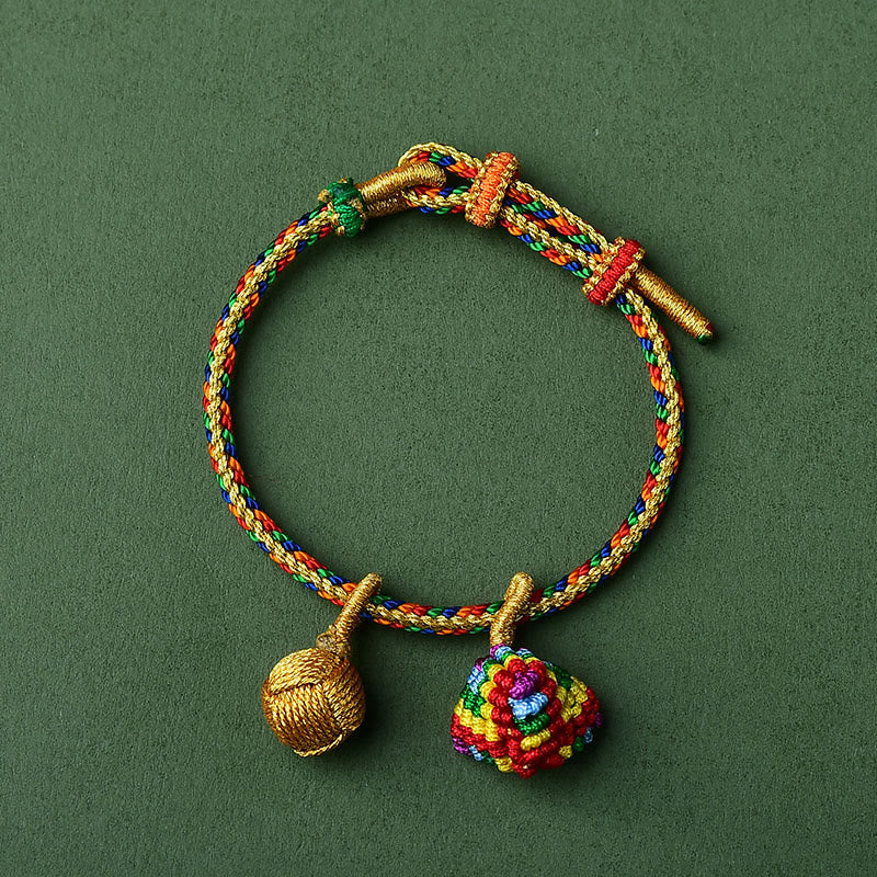 Buddha Stones Colorful Rope Luck Handmade Zongzi Golden Ball Charm Bracelet Bracelet BS Yellow Colorful Zongzi Golden Balls Adult(Wrist Circumference 16-19cm)
