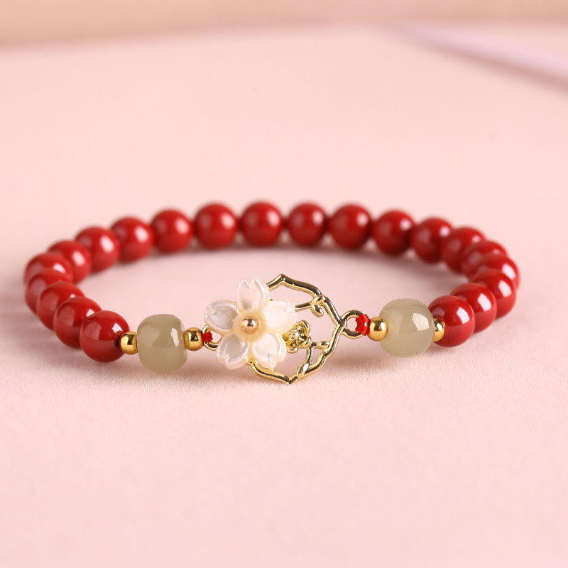 Buddha Stones Natural Cinnabar Jade Beaded Tridacna Stone Flower Blessing Bracelet Bracelet BS Red Cinnabar 6mm(Wrist Circumference 17cm)