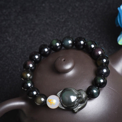 Buddha Stones Natural Rainbow Obsidian Gold Sheen Obsidian Silver Sheen Obsidian Fox Healing Bracelet Bracelet BS 4