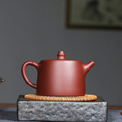 Buddha Stones Handmade Vintage Bamboo Purple Clay Kung Fu Teapot Teapot BS 4