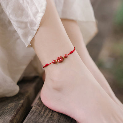 Buddha Stones Four Leaf Clover Cinnabar Blessing Calm String Bracelet Anklet Bracelet BS 10