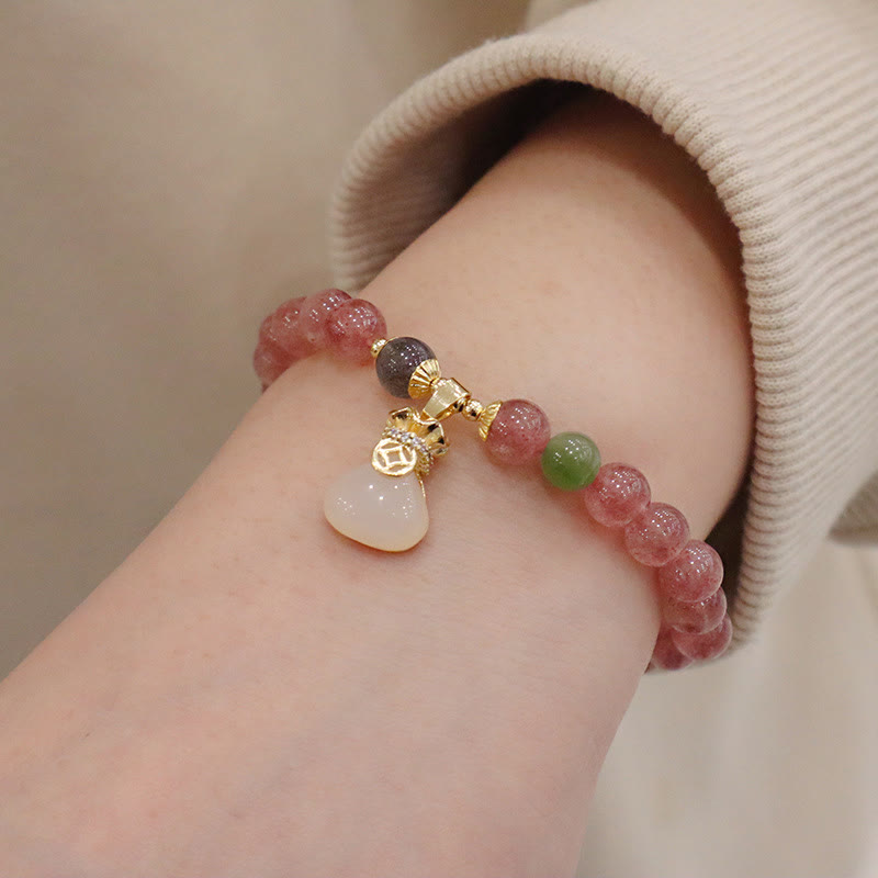 Buddha Stones Natural Strawberry Quartz Jade Peace Buckle Coin Purse Healing Bracelet Bracelet BS 3