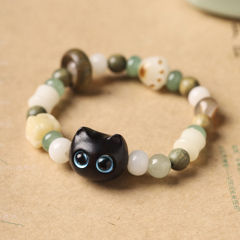 Bracelet de paix Foviel avec tête et patte de chat en graine de Bodhi, bois de santal vert, bois d'ébène et bois de santal rouge à petites feuilles