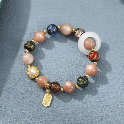 Buddha Stones Tibetan Incense Ash Liuli Glass Tridacna Stone Sun Stone Om Mani Padme Hum Prayer Wheel Charm Bracelet Bracelet BS Sun Stone(Wrist Circumference 14-16cm)