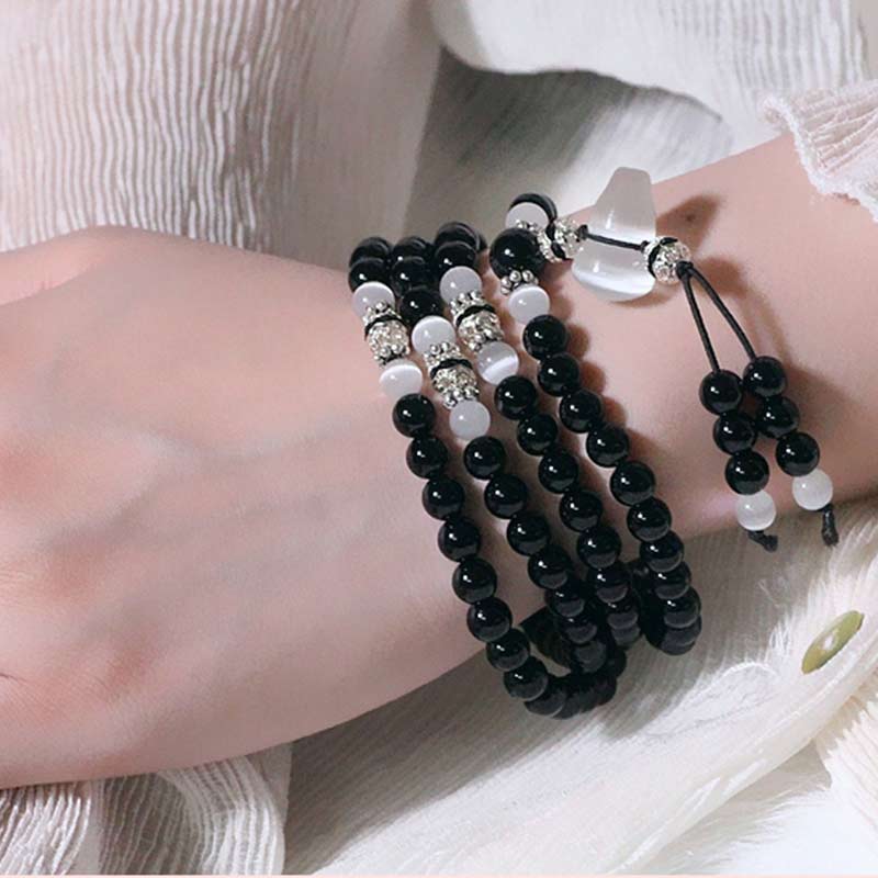 Buddha Stones Black Onyx White Crystal Bead Meditation Bracelet Bracelet BS 4