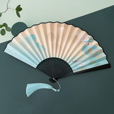 Buddha Stones Retro Lotus Flower Leaf Mountain Lake Handheld Folding Fan With Bamboo Frames Folding Fan BS Peach Blossom Mountain Landscape Black Bamboo Frames