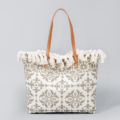 Buddha Stones Large Capacity Boho Geometry Print Tassel Canvas Tote Shoulder Bag Shoulder Bag BS Beige Flowers 50*10*32cm